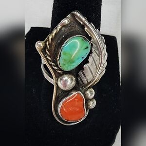 Sterling Silver Vintage Ring with Turquoise and Coral Stones Sz 6 3/4